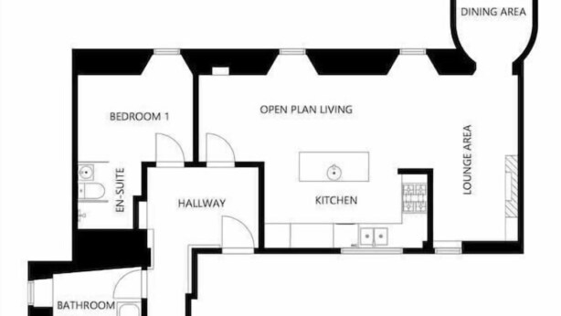 A floor plan with two bedrooms, a bathroom, an open plan living area, a kitchen, a dining area, and a lounge area. - Seaspray- harbourfront home in idyllic location (Pittenweem)