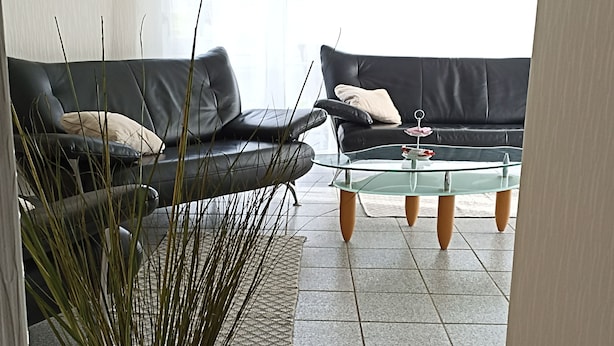Ein Wohnzimmer mit zwei schwarzen Ledersofas, einem Glastisch und einer Zimmerpflanze.