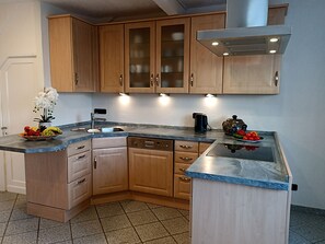 Fridge, microwave, stovetop, dishwasher - Vacation home for up to 13 people 5 bedrooms fenced garden (Höhn)