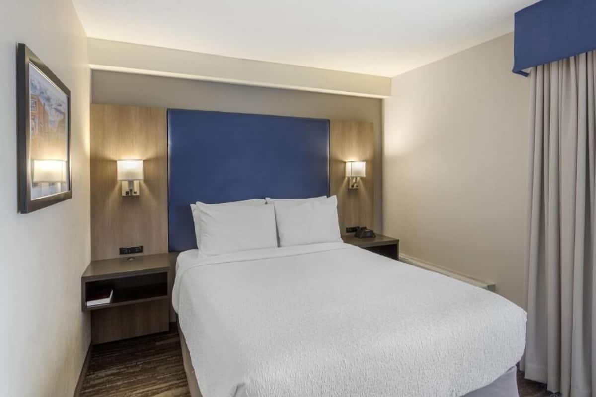 Une chambre d’hôtel avec un grand lit, deux tables de chevet et une tête de lit.
