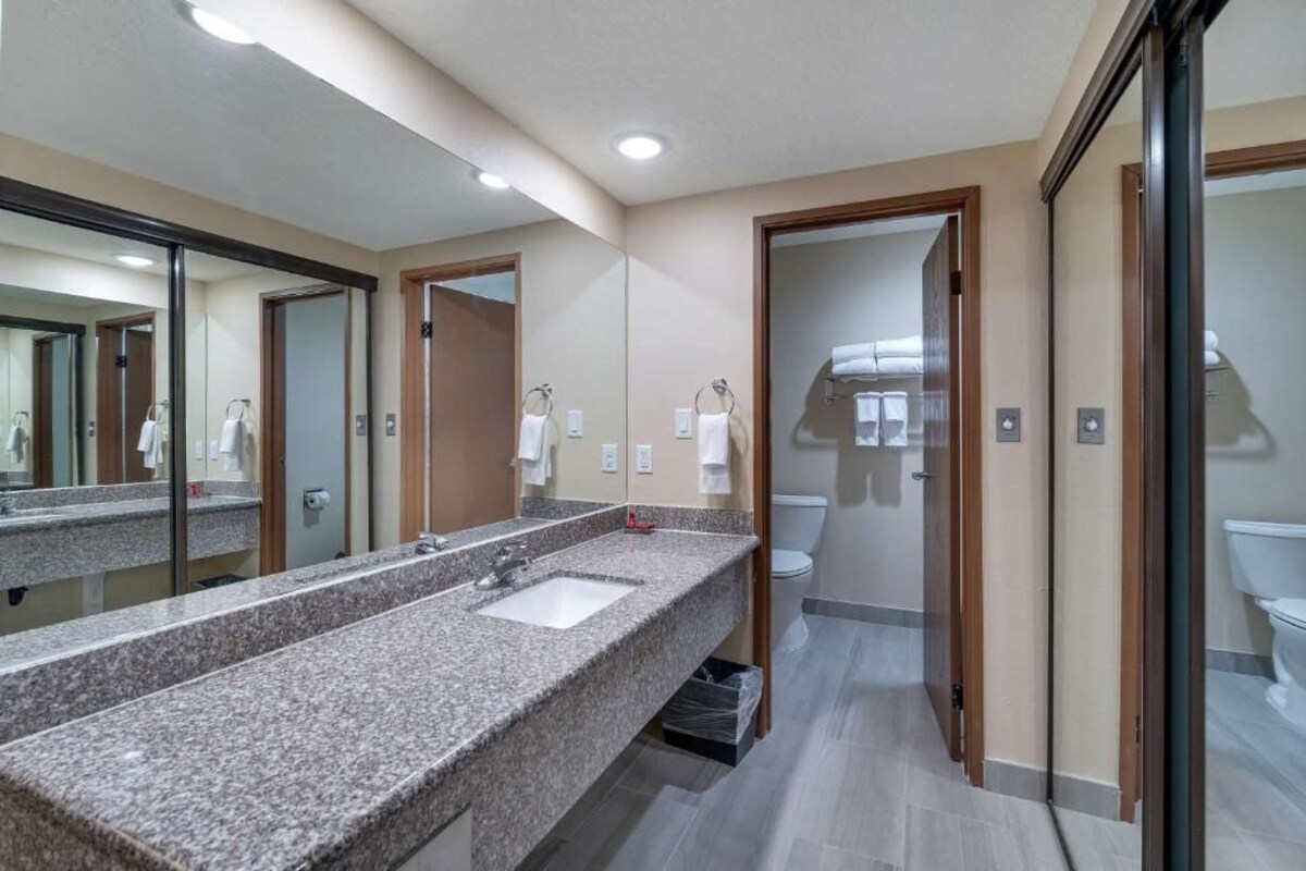 A modern bathroom with a granite sink, a mirror, and a toilet.
