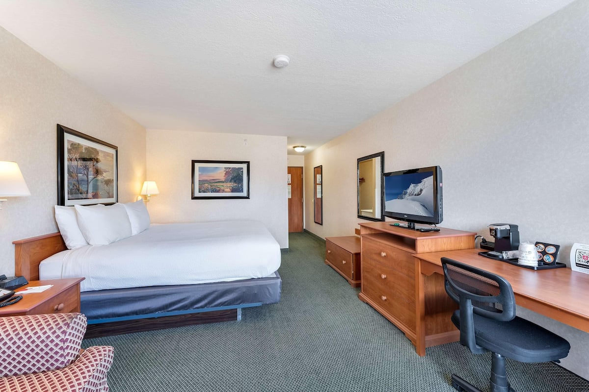 Une chambre d’hôtel équipée d’un lit, d’un bureau, d’une chaise et d’un téléviseur.