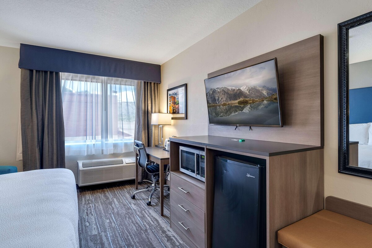A hotel room with a bed, desk, microwave, refrigerator, and a large TV on the wall.