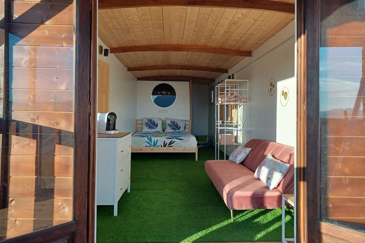 A cozy room with a bed, a sofa, a coffee machine, and a circular wall decoration.