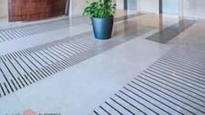 Un moderno vestíbulo con mostrador de recepción, una planta grande en maceta y un suelo con diseño.
