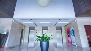 Un vestíbulo moderno con una planta grande en maceta, un muro de vidrio y un techo con lámparas esféricas.