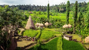 A rural landscape with thatched-roof huts, terraced fields, and lush greenery. - Maha Gangga Valley by ecommerceloka (Karangasem)
