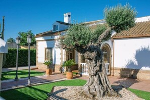Il s’agit d’un bâtiment de style méditerranéen traditionnel, doté d’une cour intérieure, d’un grand olivier, de plantes en pot et d’une pelouse bien entretenue.
