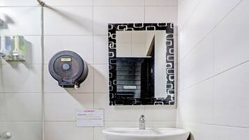 Shower, towels, toilet paper