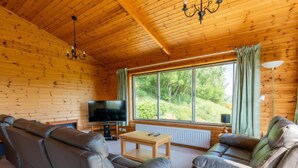 Een gezellig chaletinterieur met een houten plafond, een groot raam met uitzicht op groen, een flatscreen televisie en een zithoek.