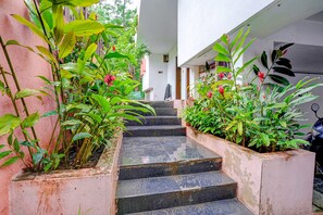 A staircase leading to a building entrance, surrounded by lush greenery and plants. - FabHotel Vardhan House I - Nr. Baner Hills (Pune)