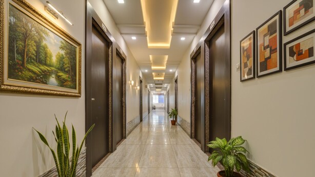 A long, well-lit hallway with marble flooring, framed artwork on the walls, and potted plants. - Fabhotel Csfc (Bhopal)