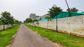Una carretera pavimentada bordeada por un muro de ladrillo blanco y césped verde, con farolas y árboles a los lados.