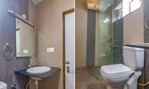 A bathroom with a sink, mirror, toilet, and shower area. - Fabhotel Pride Inn Financia (Hyderabad)