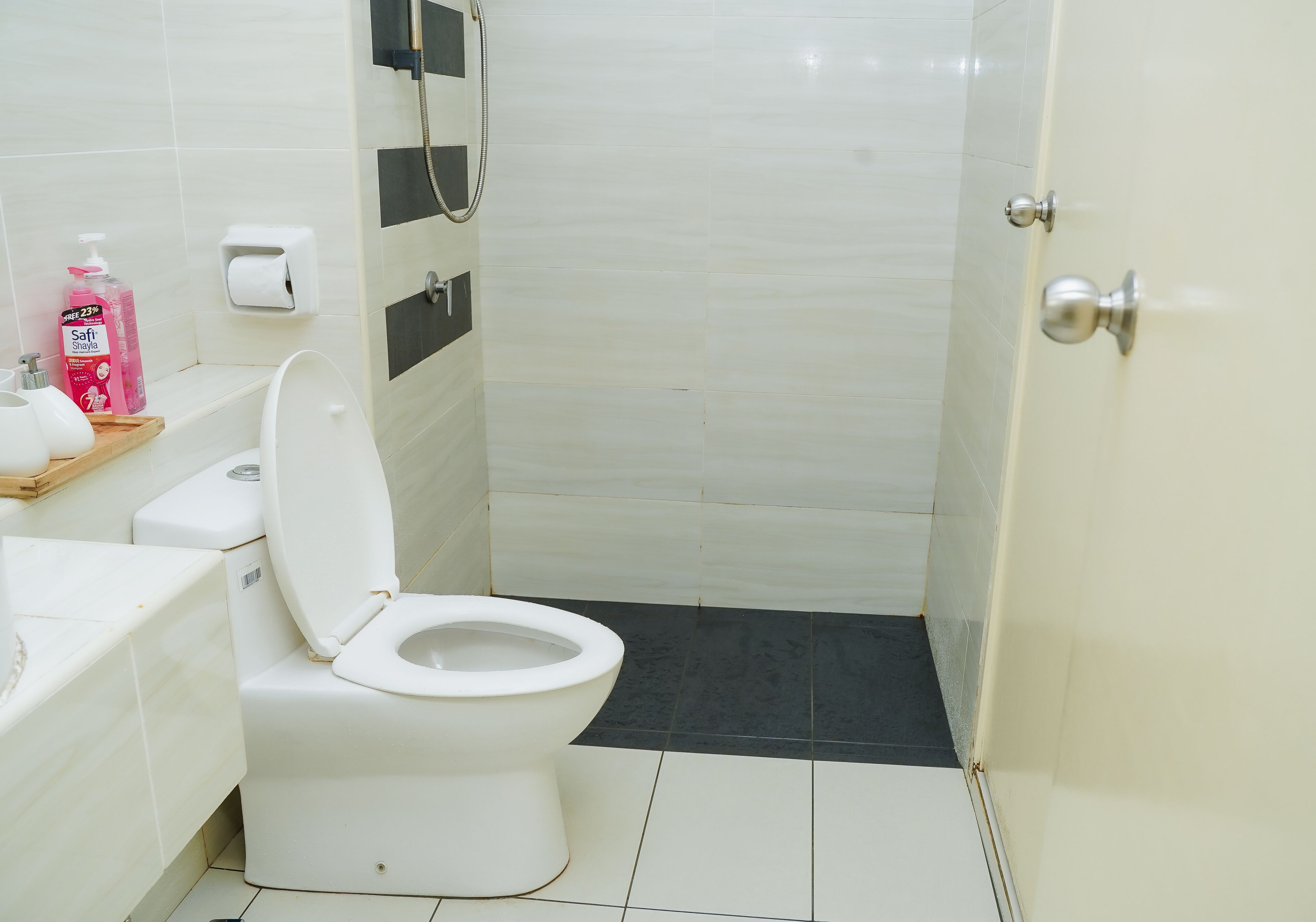 Ein kleines Badezimmer mit Toilette, Waschbecken, Dusche und Toilettenpapierhalter.