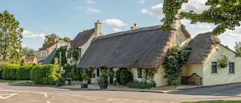 A traditional thatched-roof building with a well-maintained garden and a clear road in front.