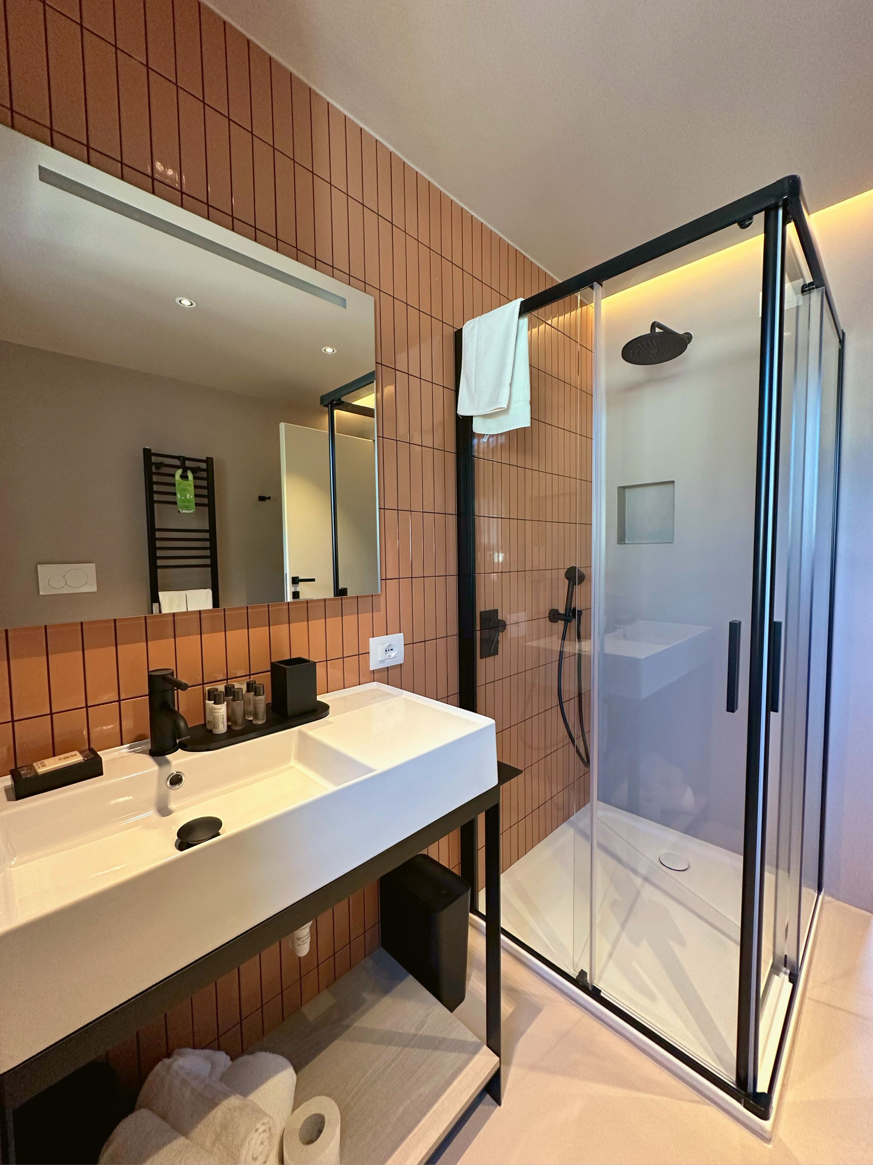 A modern bathroom with a glass-enclosed shower, a white sink with a black faucet, and a mirror above the sink.