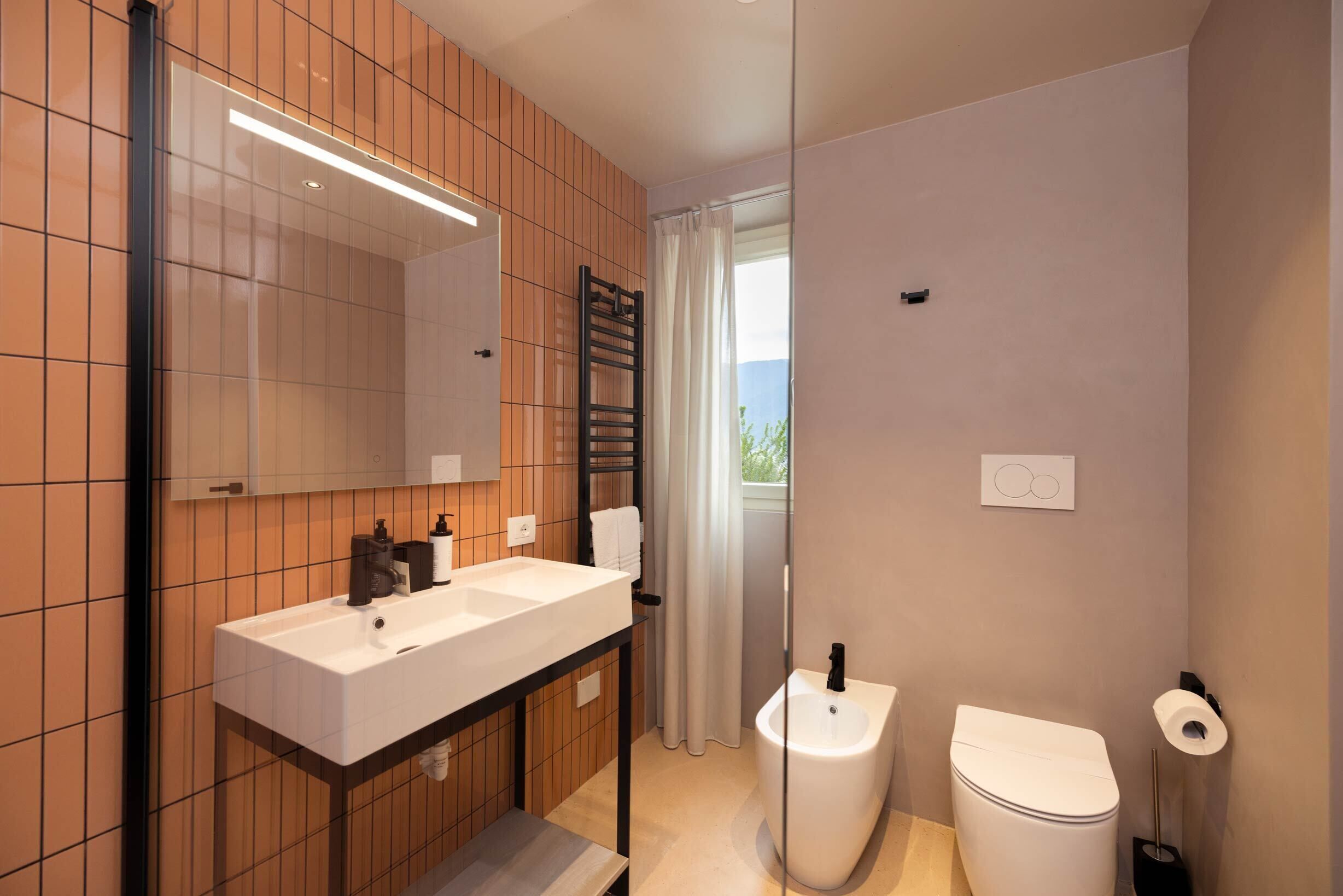 A modern bathroom with a white sink, a toilet, and a shower area.