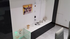 Habitació moderna amb una combinació de colors blanc i negre, que inclou un vitrina amb objectes decoratius i un quadre de dos gossos.