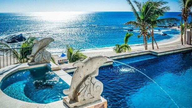 Ein Pool mit einer Delfin-Skulptur, Palmen und Blick auf den Ozean.