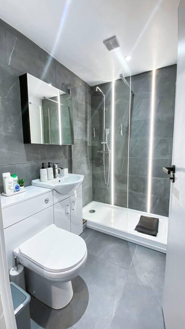 Apartment, 1 Queen Bed with Sofa bed | Bathroom | Shower, hair dryer, towels