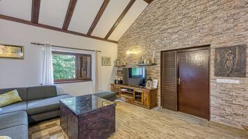 Family House, 2 Bedrooms (Wellness House On The River Kupa) | Living room | Flat-screen TV, fireplace