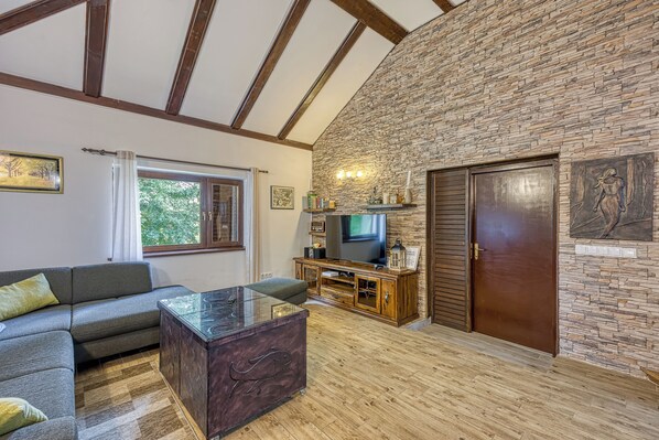 Family House, 2 Bedrooms (Wellness House On The River Kupa) | Living room | Flat-screen TV, fireplace
