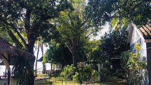 A garden with a paved path, trees, and a building with a thatched roof. - Jenda the views (Champasak)