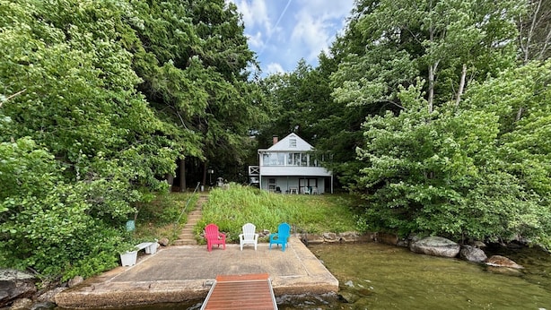 A wooden dock leading to a house surrounded by dense forest.