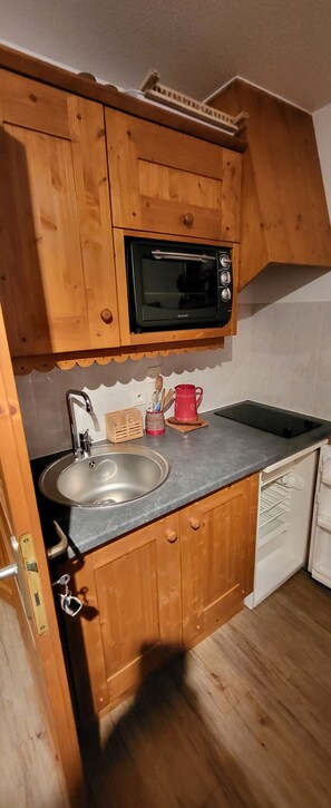 Een koelkast, een microgolfoven, een oven, een kookplaat