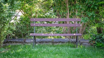 Un banc en bois, doté de supports métalliques, est installé dans un espace verdoyant, avec un mur de pierre et un feuillage dense en arrière-plan.