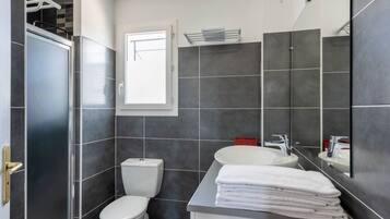 Douche, sèche-cheveux, serviettes fournies, papier toilette