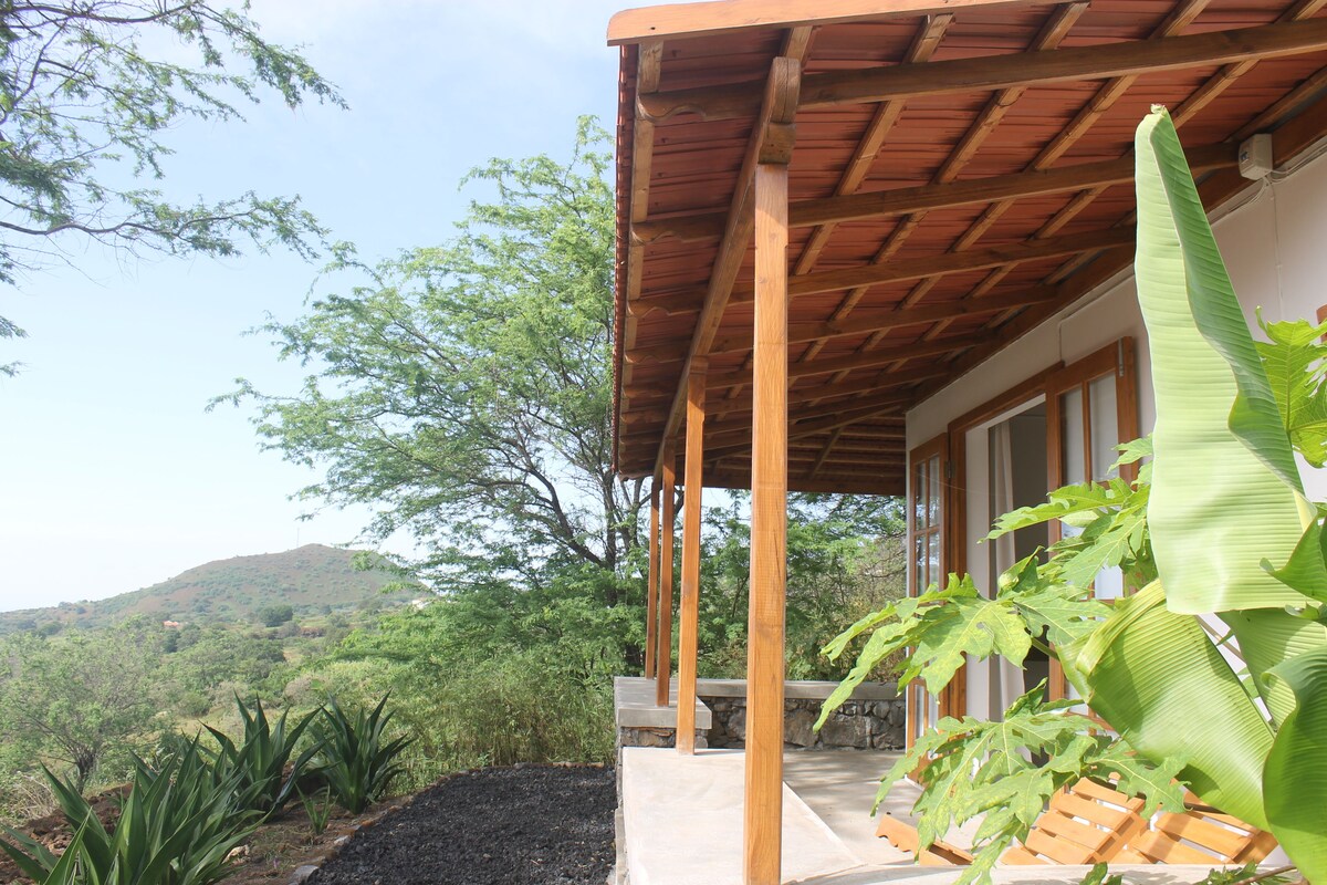 A covered outdoor seating area with wooden benches, surrounded by lush greenery and a view of a hilly landscape.