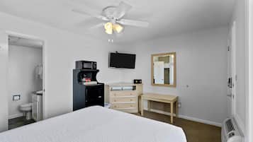 Habitación de hotel con cama, escritorio, silla, televisor, espejo, ventilador de techo y calefactor.