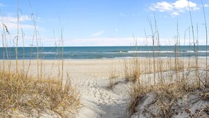 A beach with sand and sparse vegetation. - The Beach House (Carolina Beach)