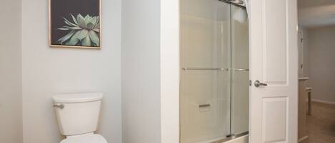 A bathroom with a toilet, a glass shower enclosure, and a white door.