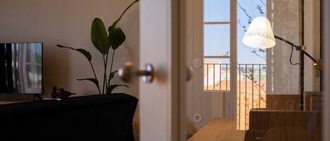 A room with a TV, a plant, a door, and a view of the outside.
