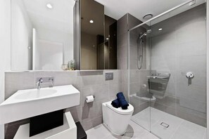 Shower, hair dryer, towels, soap