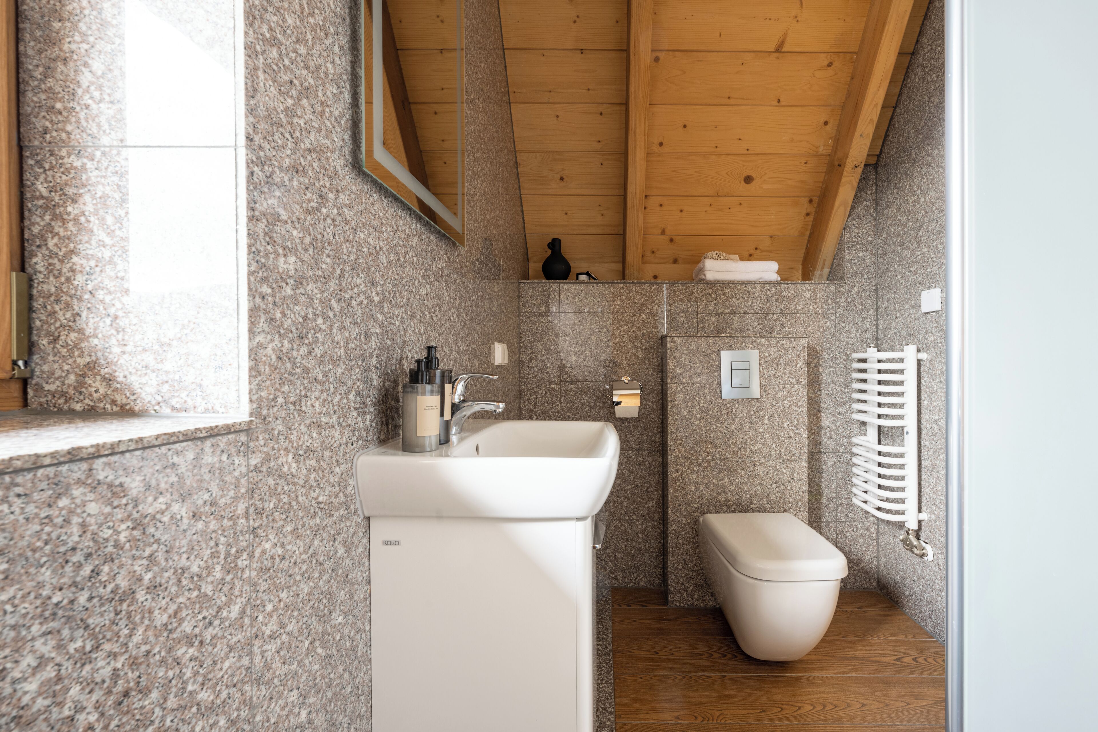 Une salle de bain avec un lavabo à vasque en granit, des toilettes et un espace douche.