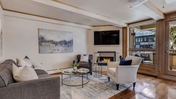 Smart-tv, eldstad, böcker och en stereo