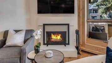 Smart TV, fireplace, books, stereo