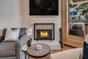 TV connectée, cheminée, livres, chaîne hi-fi