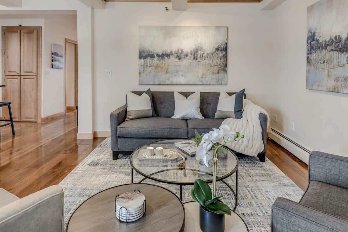 Smart TV, fireplace, books, stereo