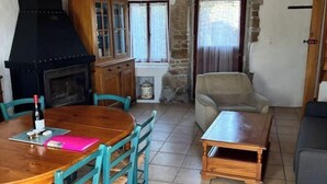 Un salon chaleureux avec une table en bois, des fauteuils turquoise, une cheminée en pierre et un mur en pierre.