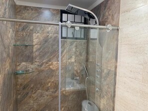 Shower, towels, toilet paper