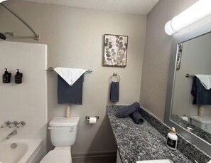 Hair dryer, towels, soap, shampoo
