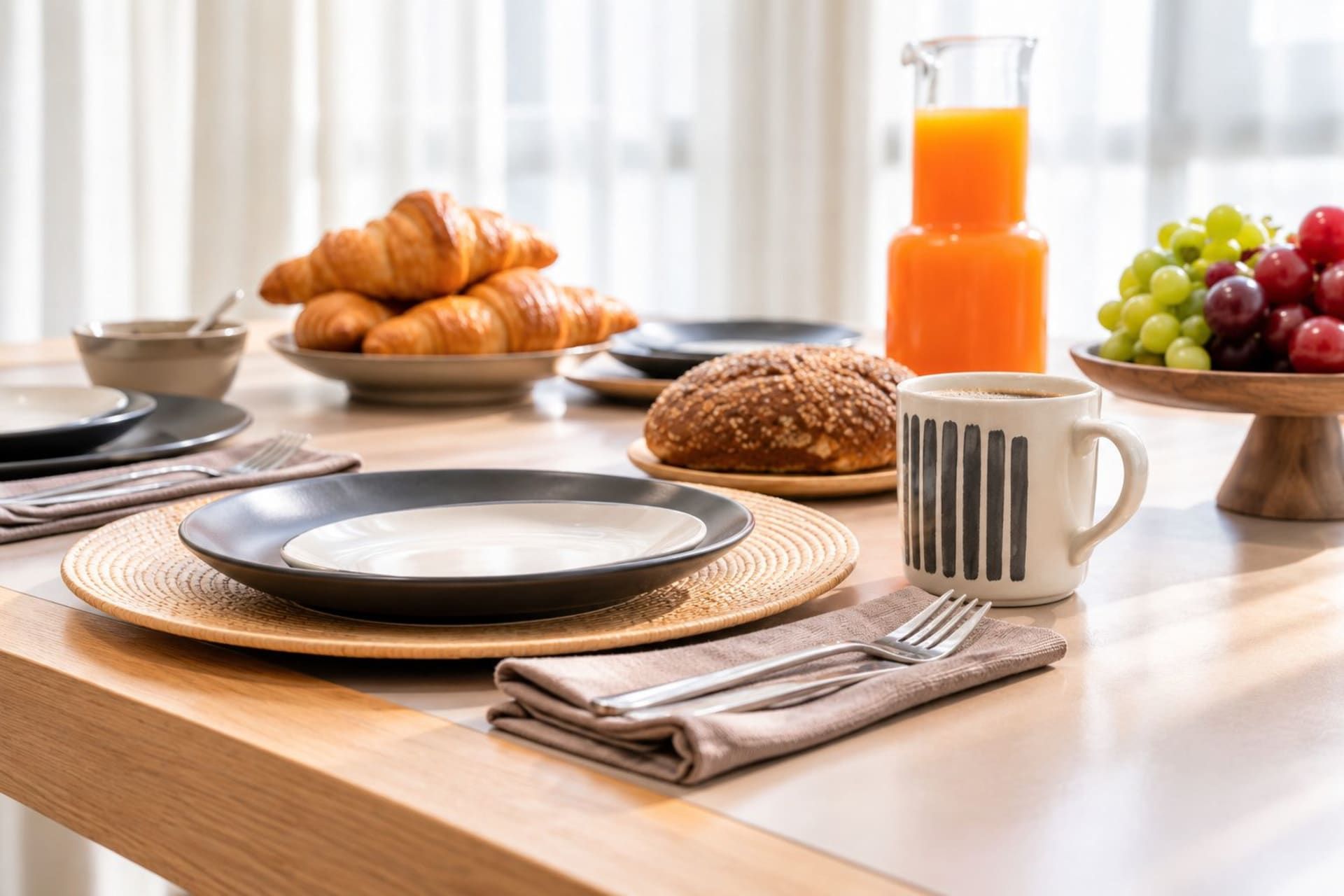 A breakfast setting with croissants, a loaf of bread, a glass of orange juice, a mug, and a plate of grapes.
