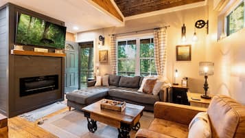 Smart TV, fireplace, books