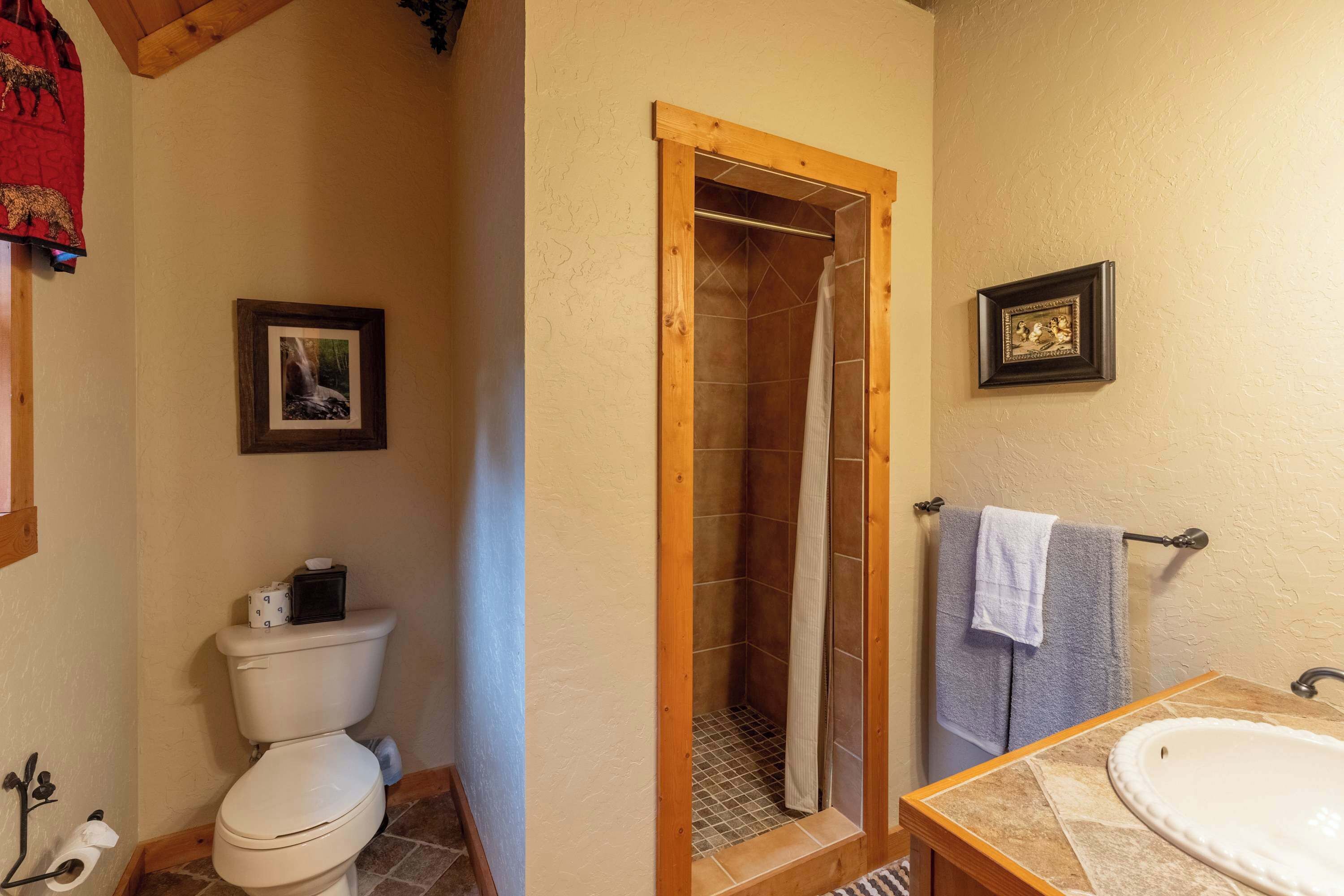 Shower, towels, shampoo