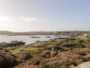 A coastal landscape with rocky terrain, grassy areas, and scattered white buildings. - Baile Na Cille (Maumeen)
